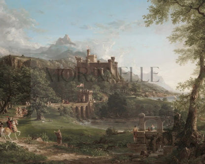 Slow slide showcasing the majestic landscape with a castle and serene waters.
