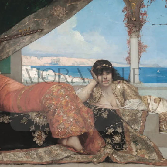 Slow slide showcasing the serene oriental scene with women and musician.