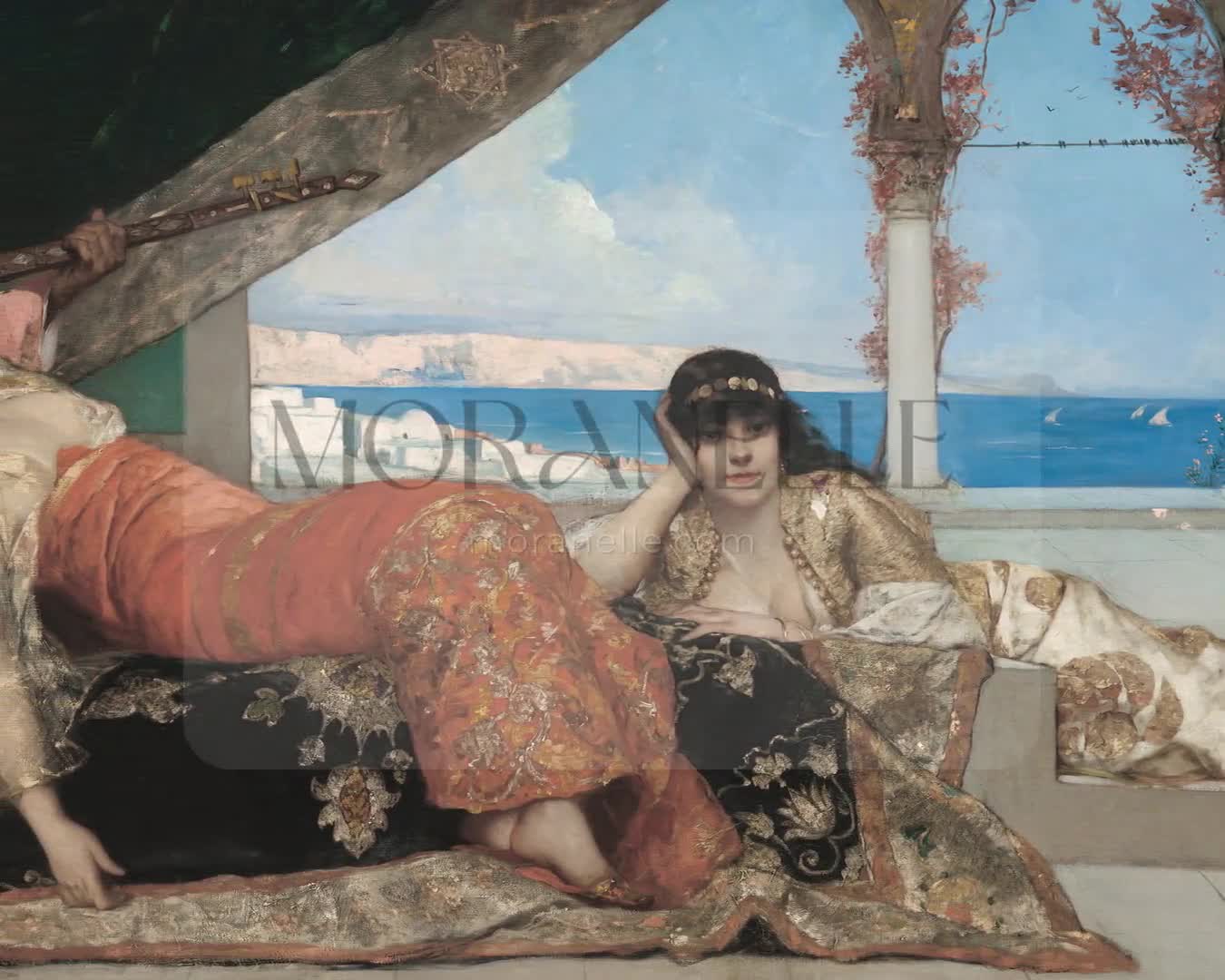 Slow slide showcasing the serene oriental scene with women and musician.