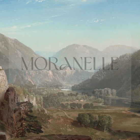 Slow slide of the mountain landscape painting highlighting the serene scenery.