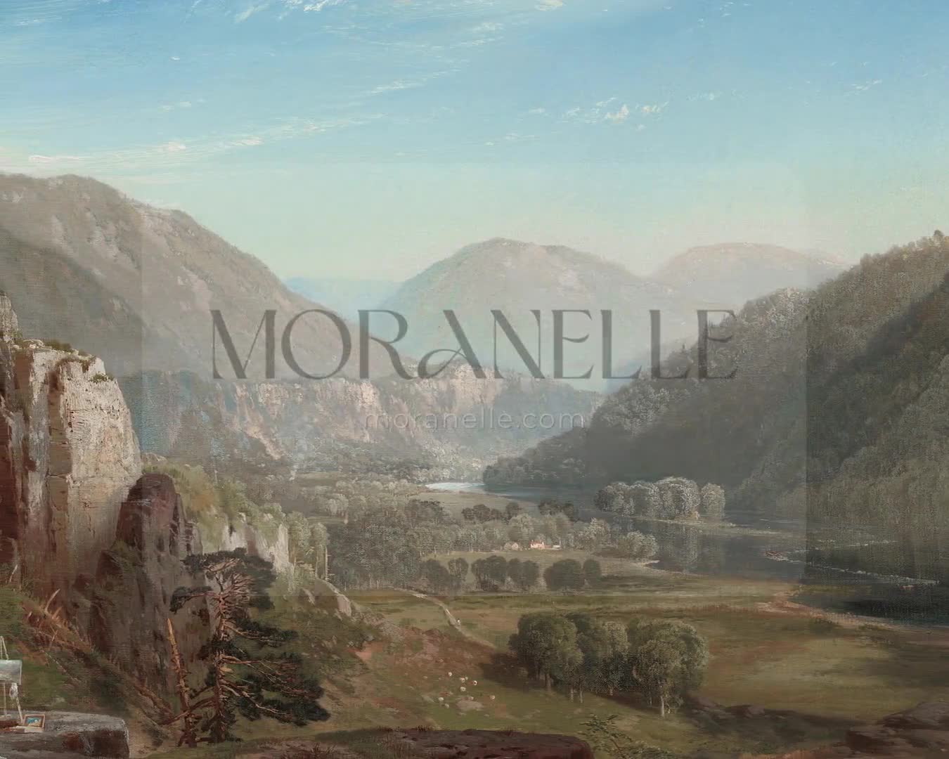 Slow slide of the mountain landscape painting highlighting the serene scenery.