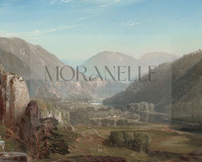 Slow slide of the mountain landscape painting highlighting the serene scenery.