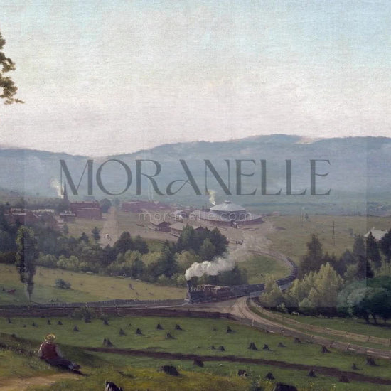 Slow slide of the Rural Train Landscape showcasing the tranquil valley and train.