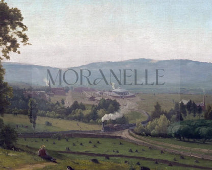 Slow slide of the Rural Train Landscape showcasing the tranquil valley and train.