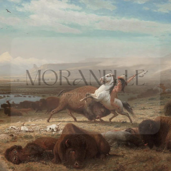 Slow slide of the Buffalo Hunt Painting, showing the dynamic scene of the hunt and the landscape.