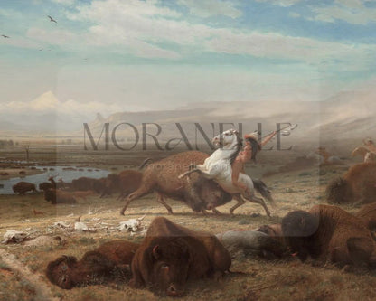 Slow slide of the Buffalo Hunt Painting, showing the dynamic scene of the hunt and the landscape.